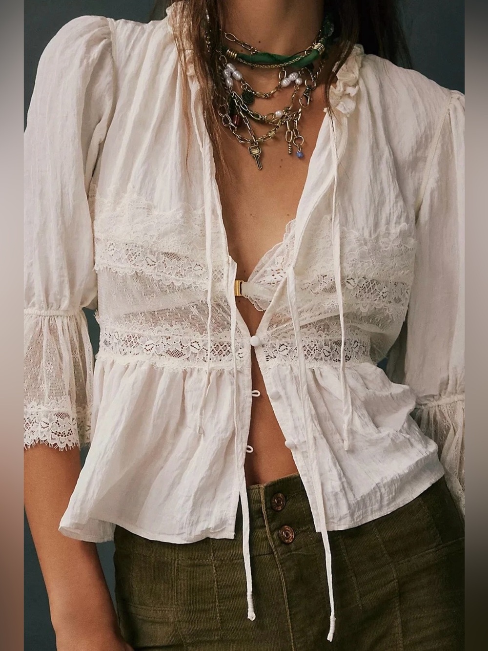 Coquette Jacket Women’s Sheer White Lace-Trim Peasant Blouse Cottage Core M